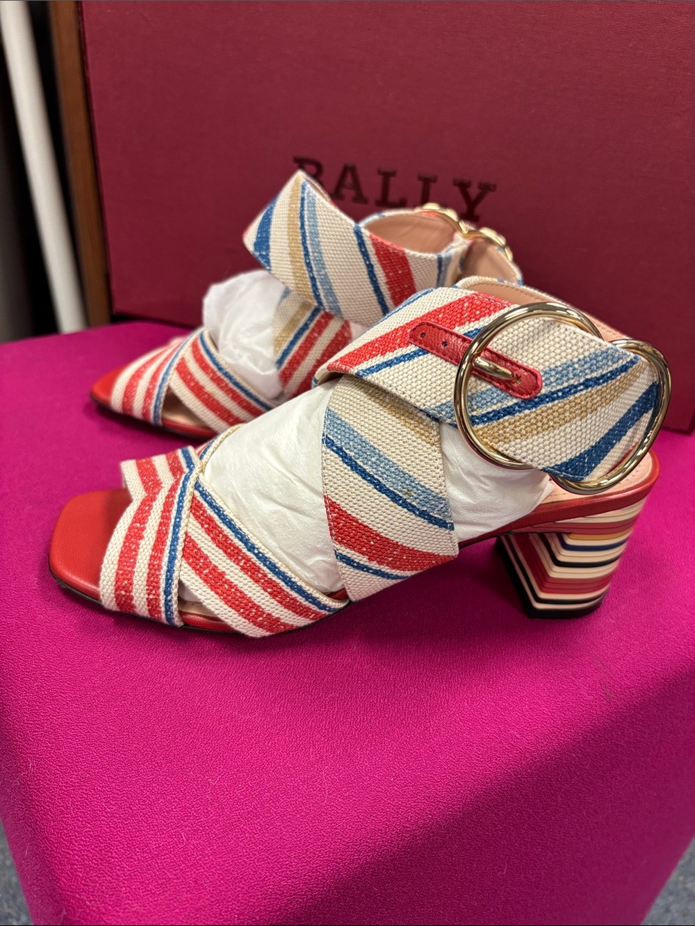 Bally Multicolor Striped Canvas Block Heel Sandals with Gold Buckle
